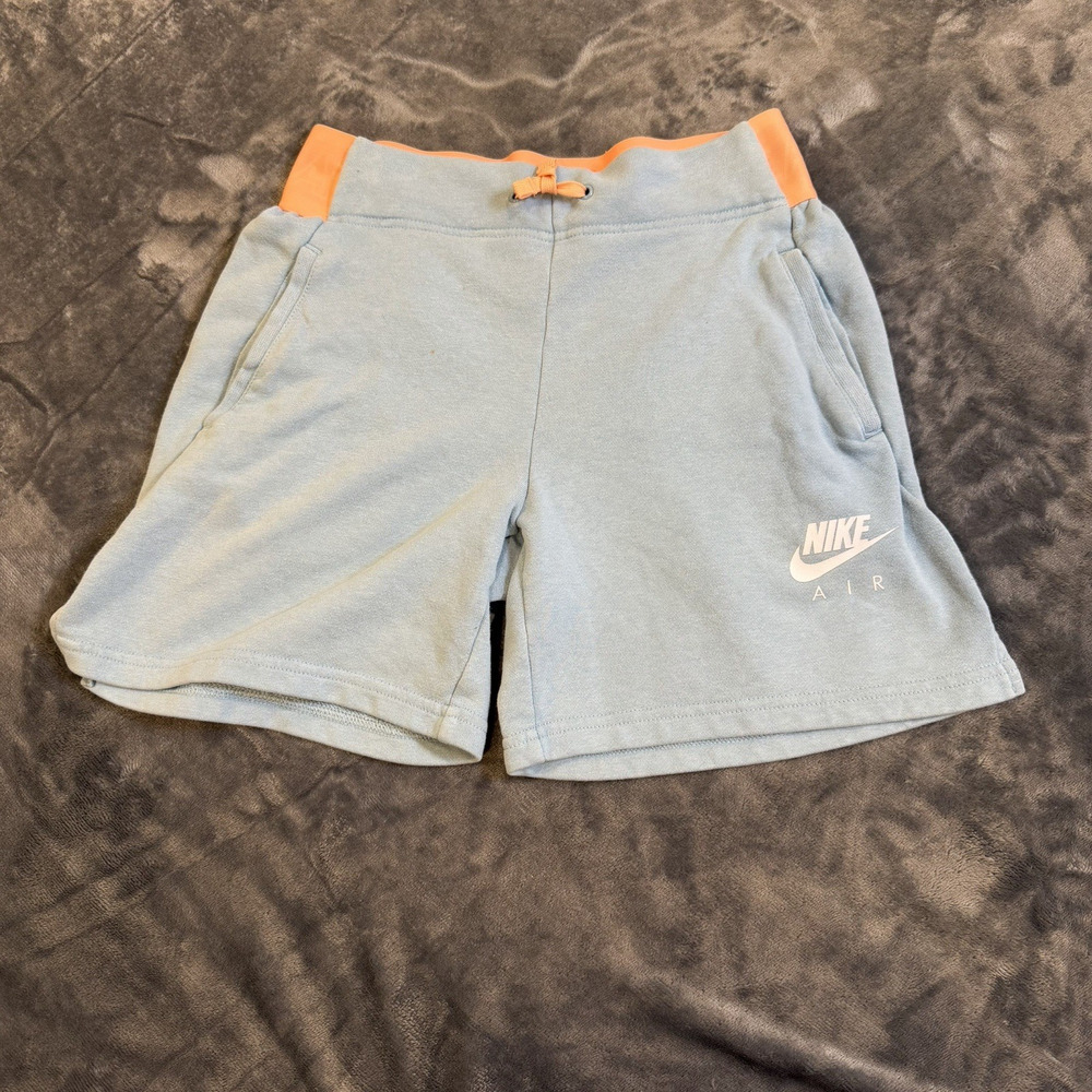 Nike Air Girls Shorts Sz L Light Aqua Blue Neon Orange Waistband Gym Athletic